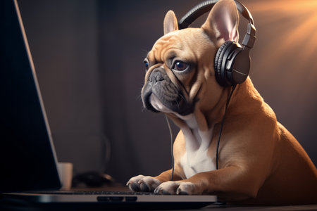A French Bulldog wears headphones, intently gazing at a computer screen, illuminated by the soft glow of the monitor.の素材