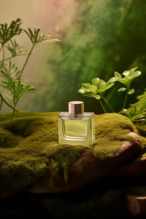 A clear perfume bottle with a golden cap, gracefully placed on moss-covered stone, surrounded by greenery.の素材