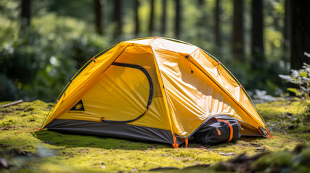 Detailed shots of tents, interior equipment, and sleeping arrangements in nature campsiteの素材