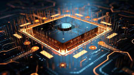 A close-up view of a glowing processor seated on a detailed circuit board, illuminating the intricate pathways and connections, showcasing technologys advancementの素材
