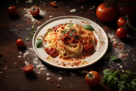 A plate of spaghetti pasta topped with rich tomato sauce, fresh basil, and cherry tomatoes on a rustic wooden tableの素材