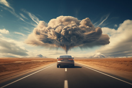 A silver car travels on a straight road towards a massive, storm-like cloud formation. The barren landscape and distant mountains add to the dramaの素材
