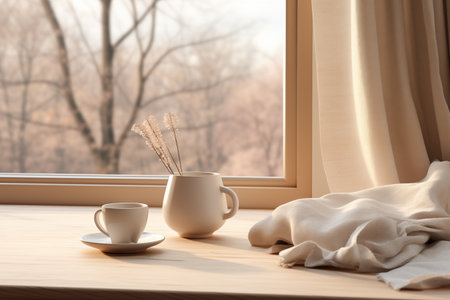 A serene indoor setting with a large window, a wooden table with a cup, a mug-like container with dried floral stems, and a soft blanketの素材
