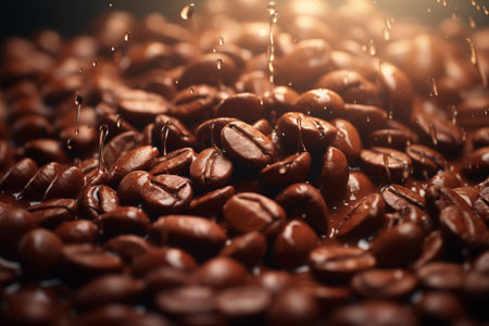 A close-up view of fresh coffee beans, glistening as they are lightly showered, illuminated by a warm golden light that highlights their rich brown tonesの素材