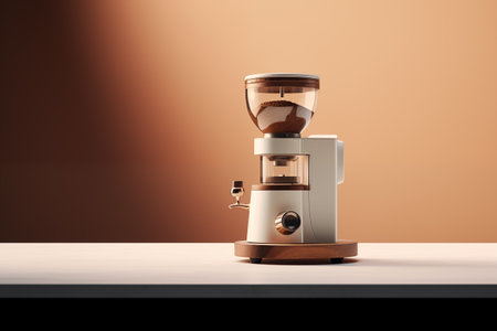 A sleek, modern coffee grinder sits elegantly against a warm, gradient background, highlighting its design and functionalityの素材