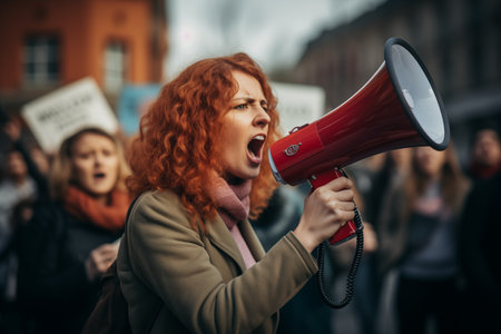 A person in a crowd, voicing concerns through a red megaphone. Faces are not visible, emphasizing the message over identityの素材