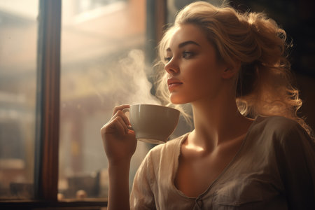 A person enjoying a hot cup of coffee by the window, steam rising, evoking a cozy, peaceful morning atmosphereの素材