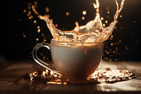 A dynamic capture of coffee splashing out of a white mug, highlighting the energy and movementの素材