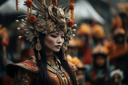 A person in intricate traditional attire, adorned with detailed ornaments and a headpiece, at a cultural eventの素材