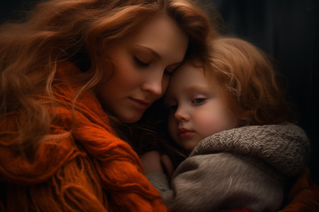 A tender moment captured as a person with long, wavy hair embraces a child, providing comfort and warmthの素材
