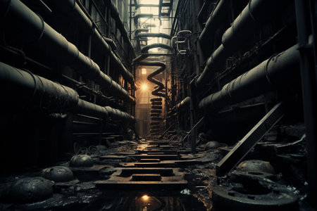 An eerie view of an old, abandoned industrial complex with intricate pipelines, bathed in a golden glow from the sunlightの素材