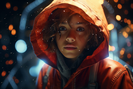 A person in a hooded jacket amidst rain, face obscured, illuminated by enchanting bokeh lightsの素材