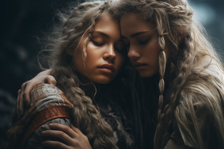 A mysterious figure with intricate braids holds an ancient, detailed scroll. The mood is enigmatic and darkの素材