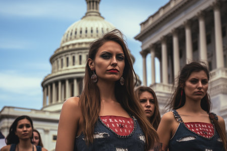 Three individuals stand in front of the iconic Capitol Building under a cloudy but bright sky, showcasing architecture and tourismの素材