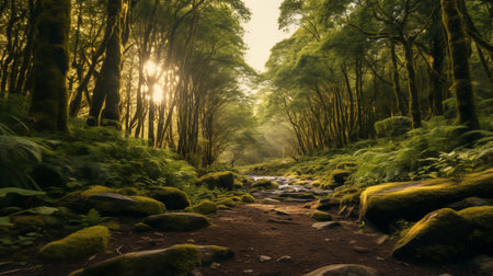 A serene path in a lush forest, bathed in the golden light of sunrise, offering a magical, tranquil experience.の素材
