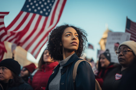 People gather in unity, American flags waving, showcasing the spirit of patriotism and democracy.の素材