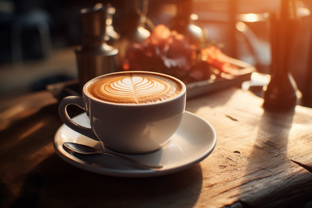 A warm cup of coffee with intricate latte art, basking in the morning sunlight on a rustic wooden tableの素材