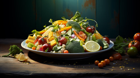 A vibrant mix of fresh vegetables artistically arranged on a plate, highlighted by natural lighting.の素材
