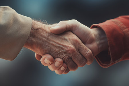 Two people, one in a beige sleeve and another in a red sleeve, engaging in a firm handshake.の素材