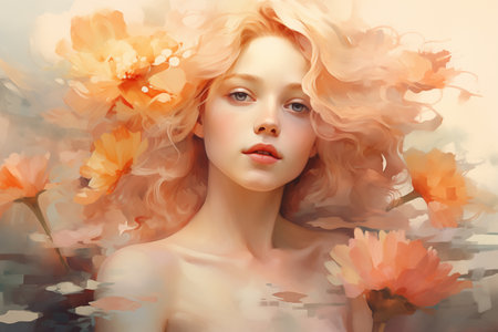 A faceless figure surrounded by soft, blooming flowers, capturing a moment of serene beauty and tranquility.の素材