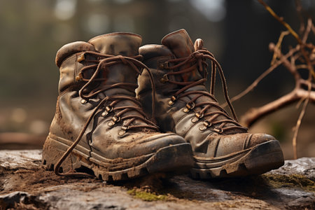 A pair of worn, brown hiking boots rest on a rock, showcasing the essence of outdoor adventures.の素材