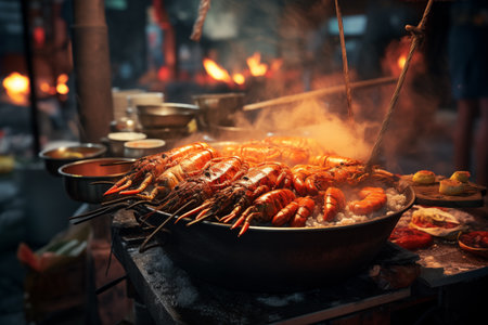 A sizzling pan of grilled seafood, emitting inviting aromas, at a bustling night market.の素材