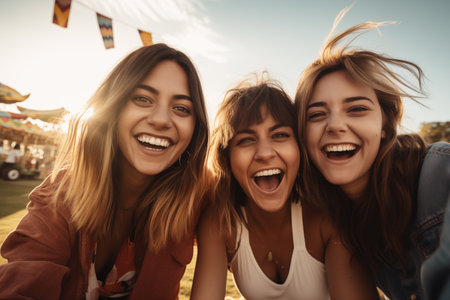 Three friends enjoying a festival at sunset, capturing the essence of youth and freedom.の素材