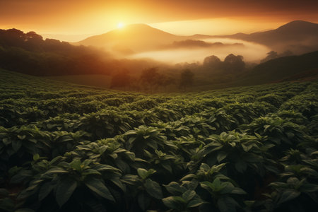 A mesmerizing sunrise illuminates the mist-covered green hills of coffee filds, casting a warm glow over the lush vegetation. The serene landscape exudes tranquility and natural beautyの素材