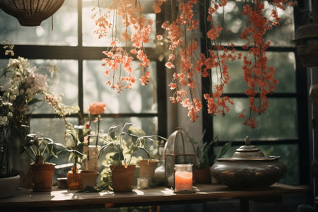 A serene indoor garden bathed in natural light, showcasing an array of green plants and blooming flowers, creating a peaceful ambianceの素材