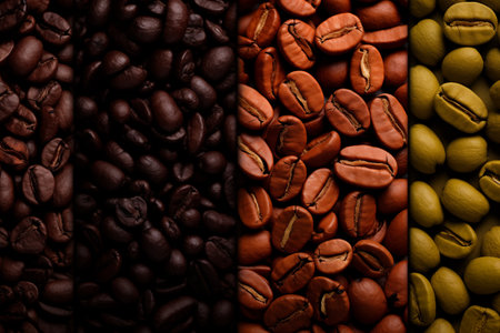 A captivating close-up showcasing the transformation of coffee beans from their natural green state, through the intermediate brown, to the final roasted stageの素材