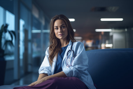 A healthcare worker, adorned in a white lab coat and stethoscope, sits contemplatively in a well-lit hospital corridor during the night shiftの素材