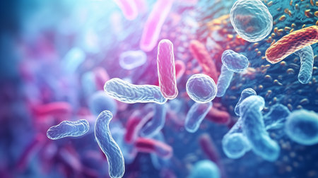 A colorful, detailed microscopic view showcasing various bacteria and cells. The image highlights the intricate structures and vivid colors, ideal for educational contentの素材