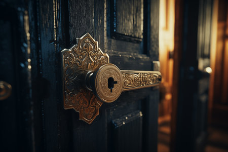 A close-up of an ornate, antique brass door handle on a dark, textured wooden door, showcasing intricate designs and craftsmanship.の素材