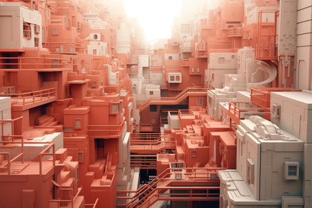 A mesmerizing view of complex, futuristic buildings in shades of red and white, illuminated by bright sunlight, showcasing intricate designs and structuresの素材