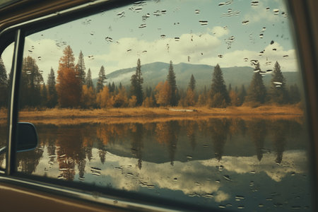 A tranquil scene of a lake surrounded by trees in autumn colors, viewed through a car window adorned with raindrops. The calm waters mirror the golden hues and cloudy skies.の素材
