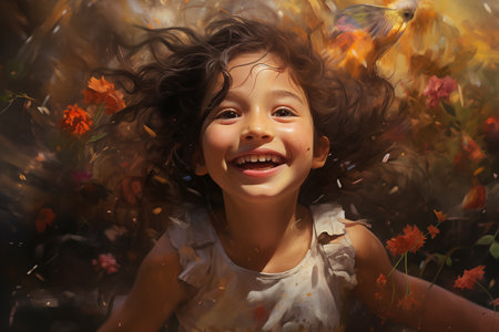 A child surrounded by a burst of colorful flowers and birds, capturing the essence of enchanted nature. The artwork evokes a sense of wonder, magic, and the beauty of the natural worldの素材
