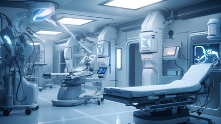 A state-of-the-art operating room equipped with advanced robotic surgical tools, monitors displaying vital data, and a well-lit environment ensuring precision and safety.の素材
