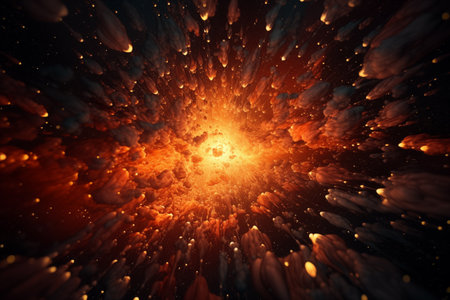 A captivating explosion of warm colors and textures, illuminating the dark space with an intense, radiant glow. Ideal for conveying energy, power, or the cosmicの素材