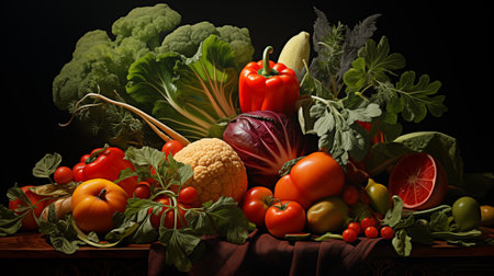A vibrant display of fresh vegetables including tomatoes, peppers, and leafy greens artistically arranged against a dark backdrop.の素材
