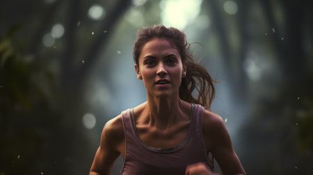 A woman jogging amidst the serene beauty of a forest, surrounded by the soft glow of morning light filtering through the treesの素材