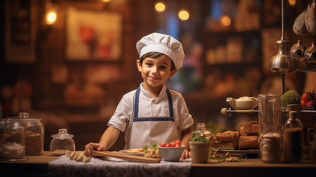 A young chef boy in a white apron and toque is standing in the kitchen. He is smiling and looking at the camera. There are various kitchen utensils and ingredients on the table in front of him.の素材