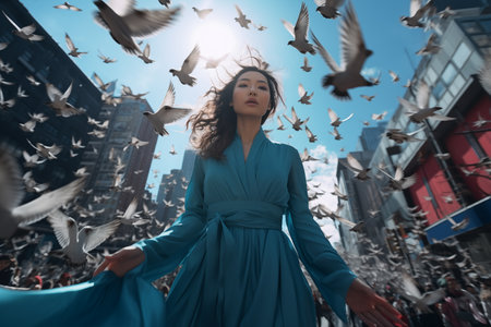 A stylish young woman in a flowing blue dress strolls down a bustling city street, surrounded by fluttering pigeons. Her carefree smile exudes joy and freedom, captured in a dynamic low angle shot.の素材