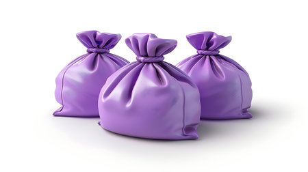 Image features three luxurious purple satin gift bags, tied at the top with matching ribbons. The bags are isolated on a pure white background, highlighting their shiny textureの素材
