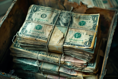 A close-up view of multiple stacks of old, worn US dollar bills bound together, placed in a rustic wooden box, highlighting the texture and ageの素材