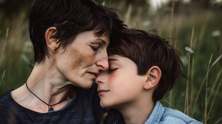 Tender Moment Between Mother and Son in Natureの素材