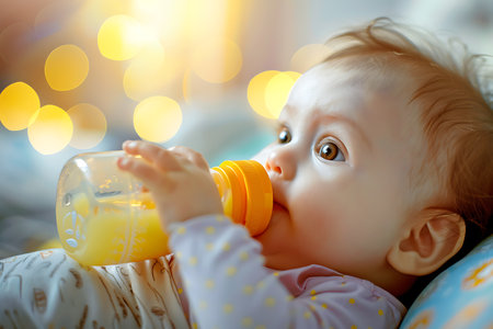 Tender Moments: Baby Enjoying a Bottle Amidst Golden Lightsの素材