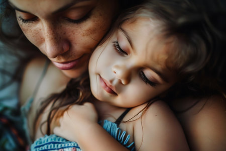 This image captures a heartwarming moment between a mother and daughter. Their identities are kept private as the image is artistically blurred, focusing on their closeness and bond. The picture speaks volumes about love, care, and the special relationship between a mother and her child.の素材