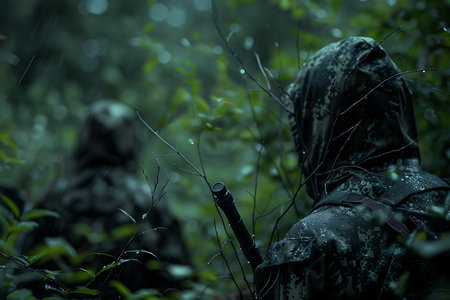 Two figures clad in camouflage attire are captured amidst a dense, misty forest under the rain. The focus is on one figure, highlighting the raindrops on their attireの素材