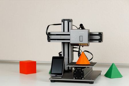 A 3D scanner with a smartphone attached, scanning colorful geometric shapes including a red cube, an...