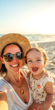 A mother and child share a tender moment at the beach during sunset. The golden hour light illuminates their peaceful surroundings, highlighting the serene waves and sandy shores.の素材